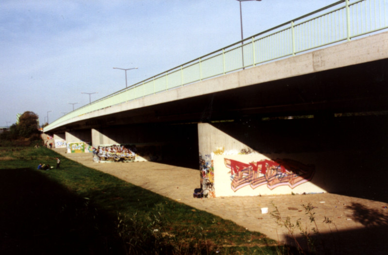 Graffittis an der Flutrinnenbrücke (Foto: F. Philipp)