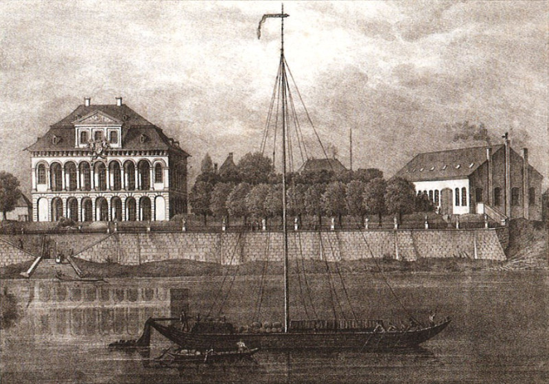 Lithographie von 1836, links Schloss Übigau, Verwaltungsgebäude der Maschinenbauanstalt